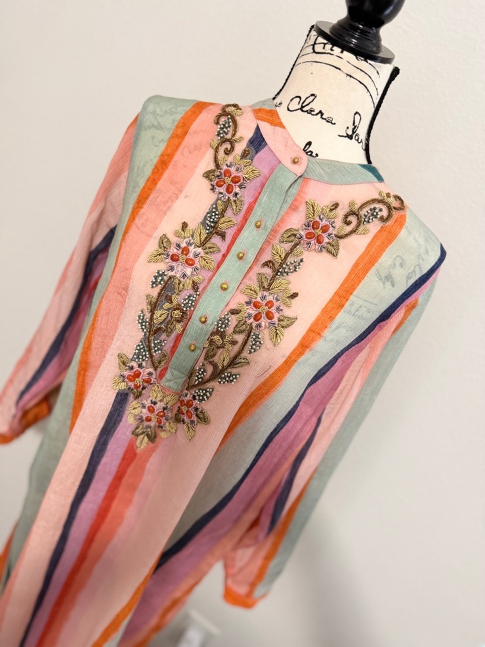 Soft Surroundings Aruba Caftan Striped Embroidered Maxi Dress Gauzy Resort Vacay - Picture 10 of 15